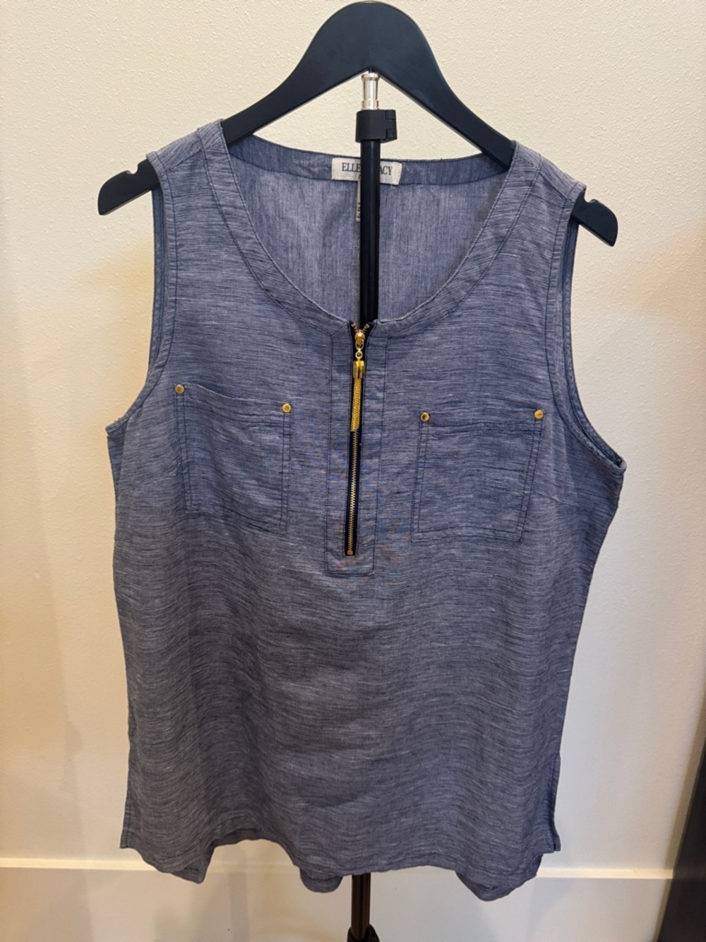 Ellen Tracy Linen Sleeveless Chambray Tank - Blue